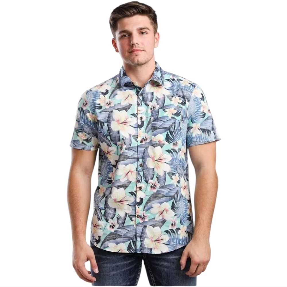 NWT XL Men's Hurley Diffused Blue Hawaiian Tropical Cabana Shirt